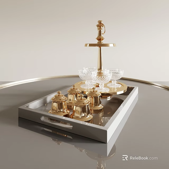Elegant Golden Two Tiered Stand With Transparent Crystal Wine Glasses And Containers On Silver Tray 3d model 