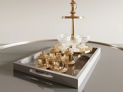 Elegant Golden Two Tiered Stand With Transparent Crystal Wine Glasses And Containers On Silver Tray 3d model