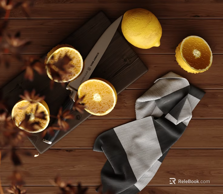 Fresh Cut Lemons and Oranges on Wooden Cutting Board with Knife and Towel 3d model 