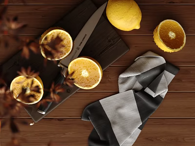Fresh Cut Lemons and Oranges on Wooden Cutting Board with Knife and Towel 3d model