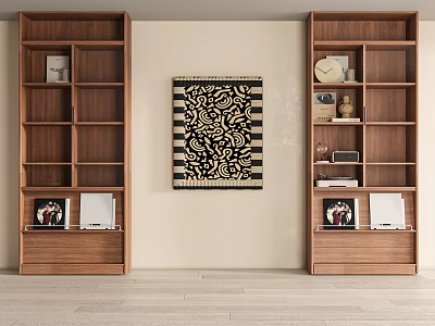 Modern Wooden Bookcases In Interior Featuring Black And White Patterned Tapestry And Decorative Ornaments 3d model