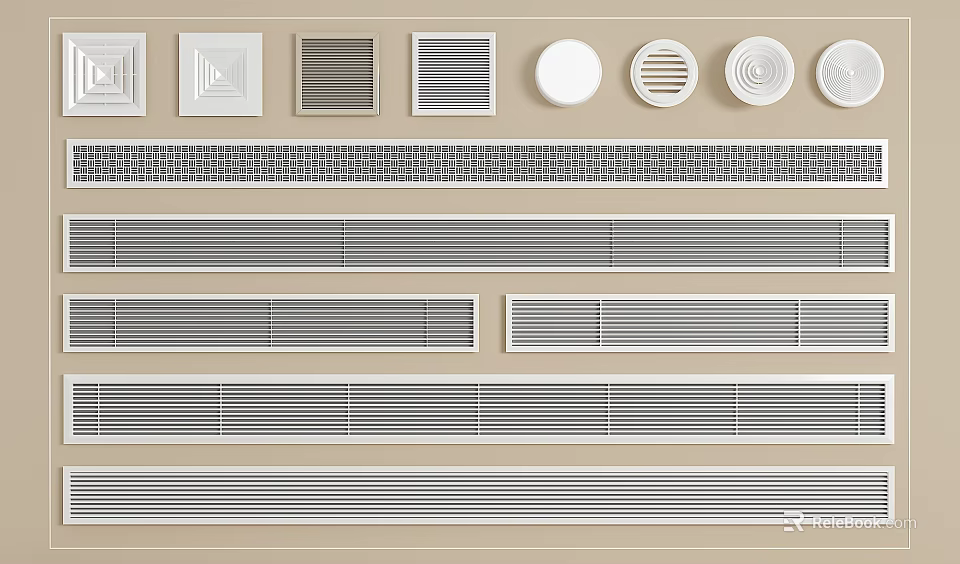 Various Styles Of Air Conditioner Vents With Rectangular Grille And Round Covers 3d model 