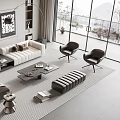 Modern Living Room Sofa and Coffee Table Set With Beige Dark Accents and Natural Light