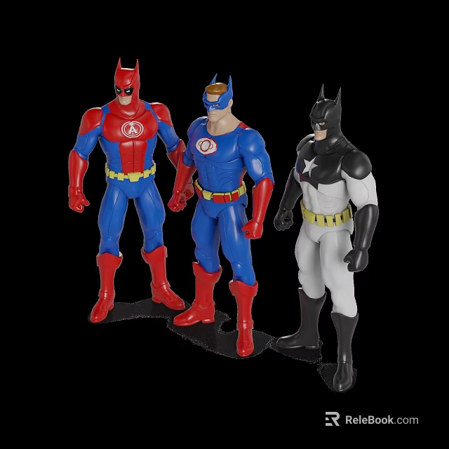 Three Superhero Action Figures Standing In Red Blue Black White Costumes With Yellow Belts 3d model 