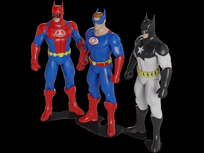 Three Superhero Action Figures Standing In Red Blue Black White Costumes With Yellow Belts 3d model