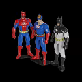 Three Superhero Action Figures Standing In Red Blue Black White Costumes With Yellow Belts