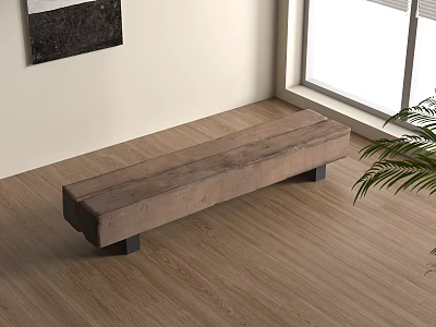 Long Wooden Indoor Stool with Black Legs on Wooden Floor Near Window and Plant 3d model