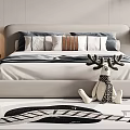 Modern Gray Double Bed With Patterned Pillows Bedside Table And Deer Toy 3d model