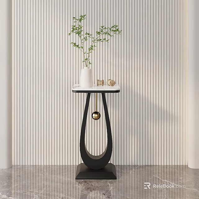 Modern Display Shelf With Black Metal Stand White Top And Decorative Vase Plant 3d model 