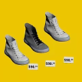 Stylish High-top Shoes in White and Gray on Transparent Display Stand with Price Tags