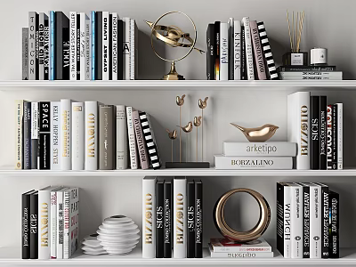 Decorative Ornament Set on Bookshelf with Books Gold Bird Figurine Circular Decor and Stacked Plates 3d model