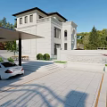 Detached Villa With White Exterior Black Roof Wrought Iron Gate Surrounded By Trees