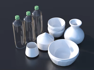 Modern Dinnerware Set With Transparent Bottles Green Caps And White Bowls Jars 3d model