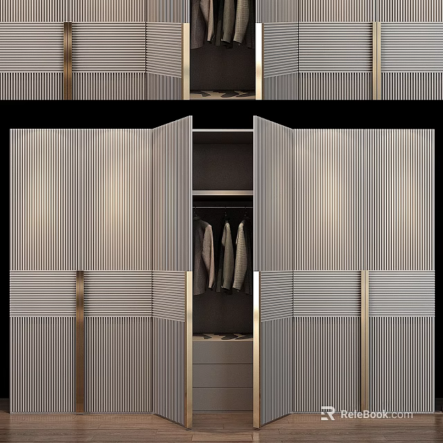 Elegant Modern Dresser With Gold Accents Striped Panels And Hanging Space 3d model 