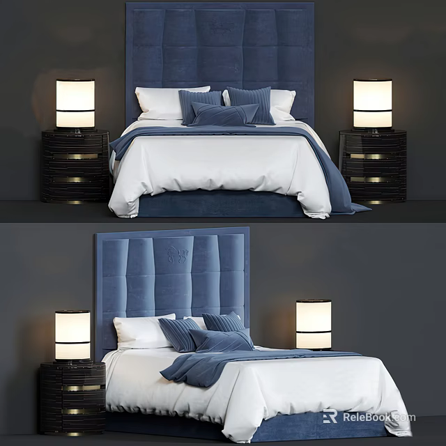 Modern Double Bed With Blue Tufted Headboard White And Blue Bedding Nightstands And Table Lamps 3d model 