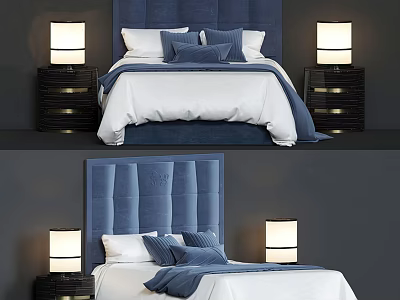 Modern Double Bed With Blue Tufted Headboard White And Blue Bedding Nightstands And Table Lamps 3d model
