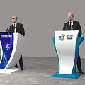 Modern Blue White Functional Desk With Logo For Innovation Festival Presentation Event