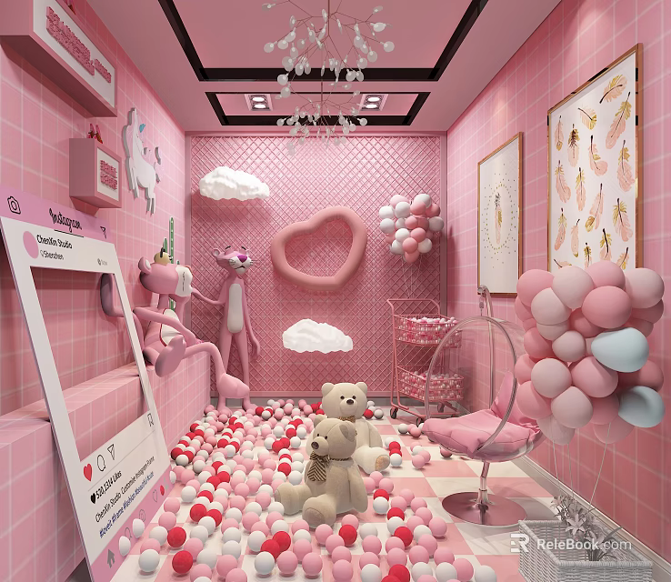 Pink Room With Cloud Heart Decor Balloons Stuffed Teddy Bear Ball Pit And Chair 3d model 