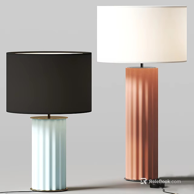 Modern Table Lamps with Black White Shades and Fluted Blue Copper Column Bases 3d model 