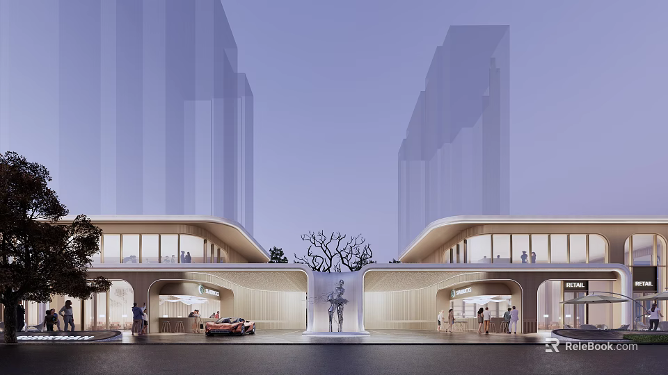 Modern Urban Architectural Structure With Curved Roof Water Feature Pedestrians And Parked Vehicle Near Tall Buildings 3d model 