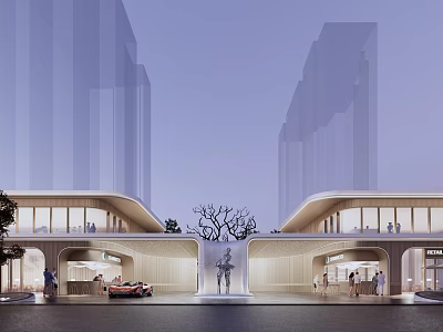 Modern Urban Architectural Structure With Curved Roof Water Feature Pedestrians And Parked Vehicle Near Tall Buildings 3d model