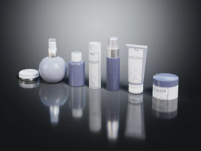 Purple And White Skincare Products Spray Bottles Lotion Tubes Cream Jars On Black Reflective Surface 3d model