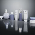 Purple And White Skincare Products Spray Bottles Lotion Tubes Cream Jars On Black Reflective Surface