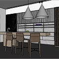 Modern Restaurant Interior Featuring Open Kitchen Design With Bar Counter Seating 3d model