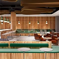 Modern Restaurant Interior With Wooden Walls Green Seats Round Tables And Pendant Lights