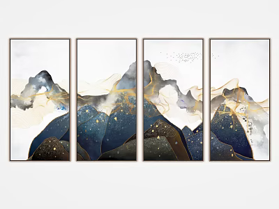 Abstract Painting Four Panel Set With Golden Lines Blue Beige Tones Mountain Cloud Motifs 3d model