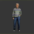 Elderly Man Wearing Striped Sweater And Blue Jeans Standing Against Gray Background