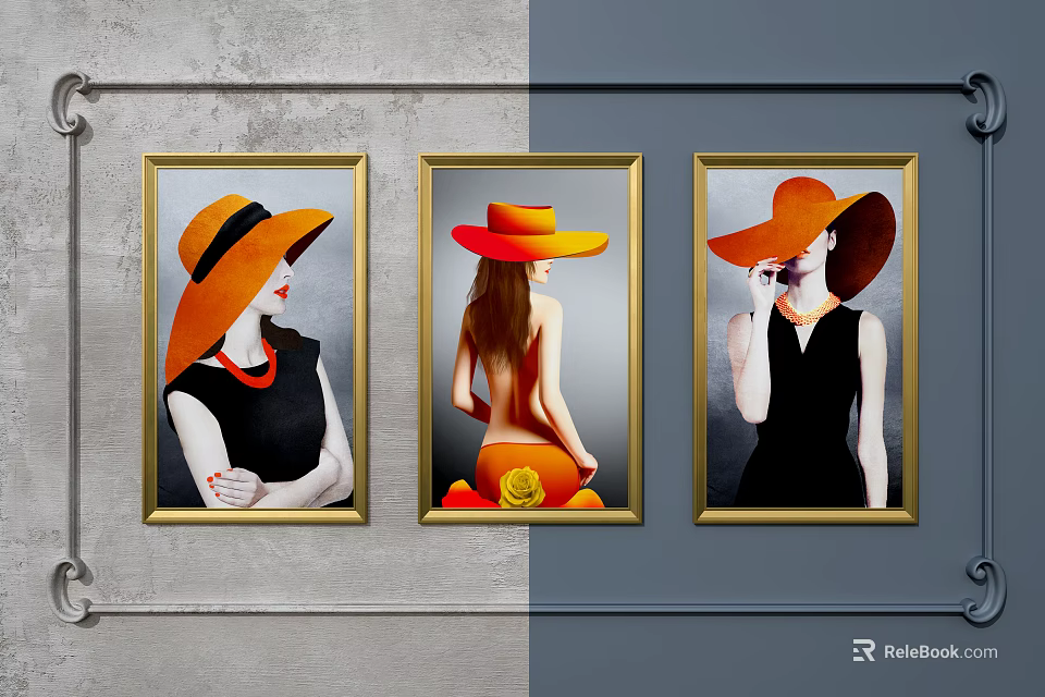 Portrait Paintings of Women Wearing Orange Hats in Golden Frames on Gray and Blue Wall 3d model 