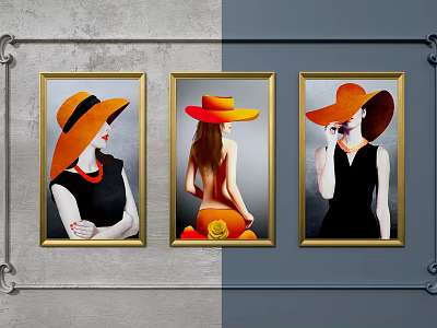 Portrait Paintings of Women Wearing Orange Hats in Golden Frames on Gray and Blue Wall 3d model