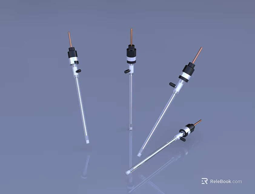 Three White Slender Industrial Probes With Copper Tips And Black Connectors On Light Blue Background 3d model 