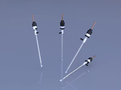 Three White Slender Industrial Probes With Copper Tips And Black Connectors On Light Blue Background 3d model