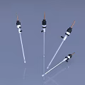 Three White Slender Industrial Probes With Copper Tips And Black Connectors On Light Blue Background