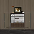 Modern Wine Cabinet With Open Glass Doors And Bottles Inside With Framed Painting On Top