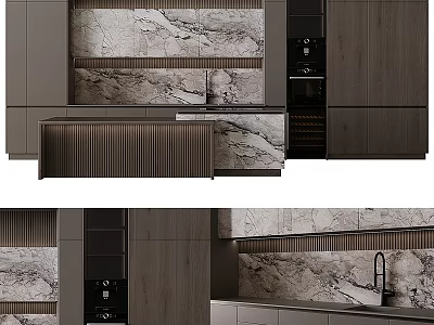 Modern Kitchen Interior Design With Marble Wall Dark Cabinets Ribbed Island And Appliances 3d model
