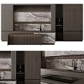 Modern Kitchen Interior Design With Marble Wall Dark Cabinets Ribbed Island And Appliances