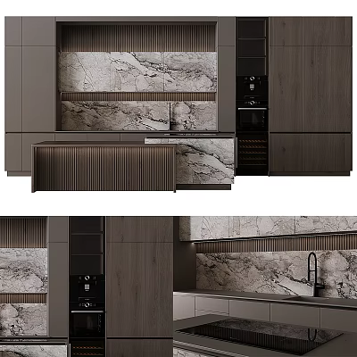 Modern Kitchen Interior Design With Marble Wall Dark Cabinets Ribbed Island And Appliances 3d model