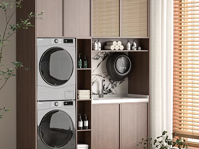 Balcony Cabinet with Stacked Washing Machine Dryer and Storage Shelves for Toiletries Towels and Plants 3d model