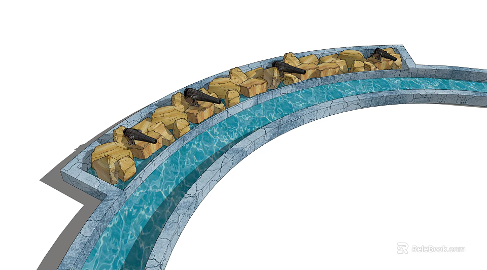 Curved Water Amusement Ride With Yellow Seats And Stone Like Structures 3d model 