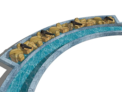 Curved Water Amusement Ride With Yellow Seats And Stone Like Structures 3d model