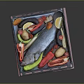 Square Kitchen Baking Tray With Fresh Fish Lemon Potatoes Ginger And Red Bell Peppers