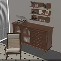 Vintage Wooden Dresser With Record Player On Top And Rattan Chair Near Wall Shelves