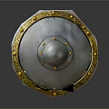 Round Metal Shield with Golden Decorative Edges Central Rivets and Polished Surface Design