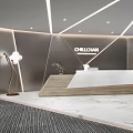 Modern Reception Desk Interior Design With Company Logo Floor Lamp Potted Plant And Marble Floor