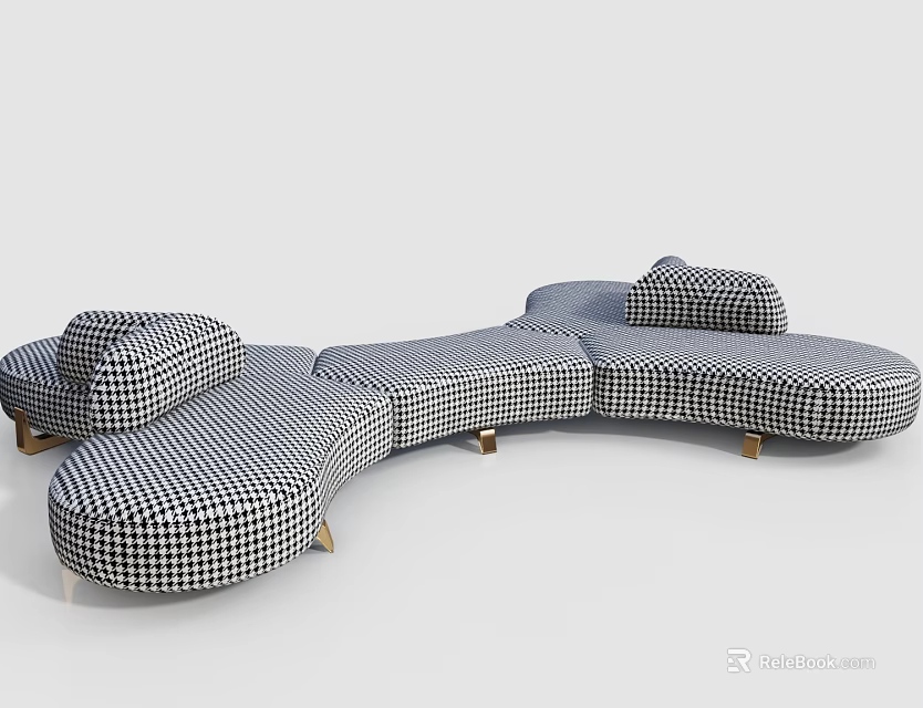 Stylish Curved Sectional Sofa With Black And White Checkered Pattern And Wooden Legs 3d model 