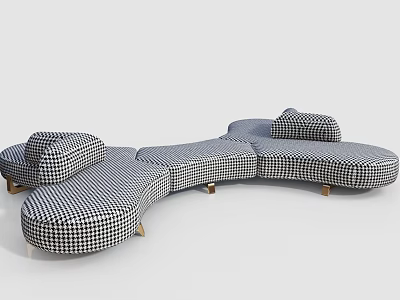 Stylish Curved Sectional Sofa With Black And White Checkered Pattern And Wooden Legs 3d model