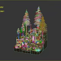3D Model of Treehouse Scene With Tall Pine Trees Small Waterfall and Wooden Platforms